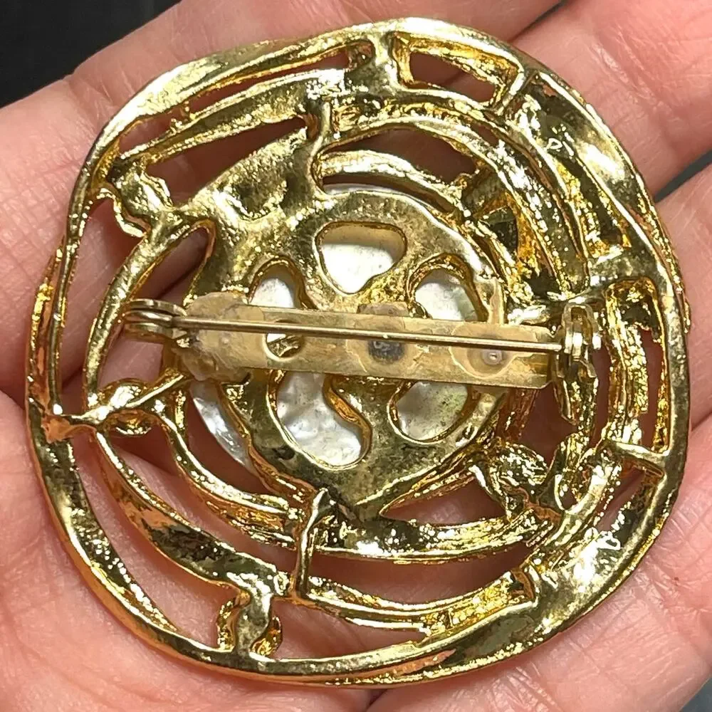 Vtg Galaxy Solar System Brooch Pin Gold Tone Faux Pearl Rhinestone